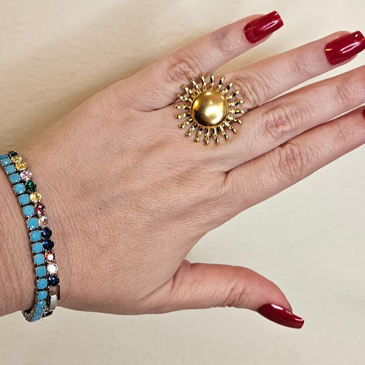 DIAMANTINA – Anillo sol dorado ajustable de acero inoxidable / DIAMANTINA – Adjustable gold sun stainless steel ring