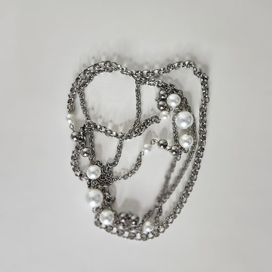 Naty Silver Stainless Steel Pearl Long Necklace (Collar)