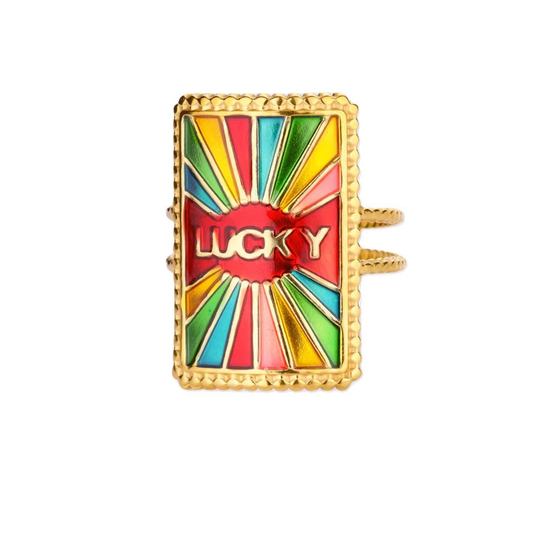 SARELLA – Anillo ajustable multicolor con la palabra “LUCKY” / SARELLA – Adjustable multicolor ring with “LUCKY”