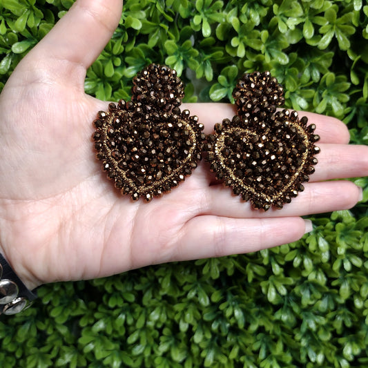 Aretes De Corazon Bordado Cafe