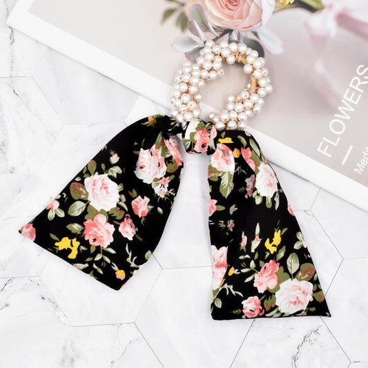 Liga Para el Cabello Con Perlas Y Tela de Flores